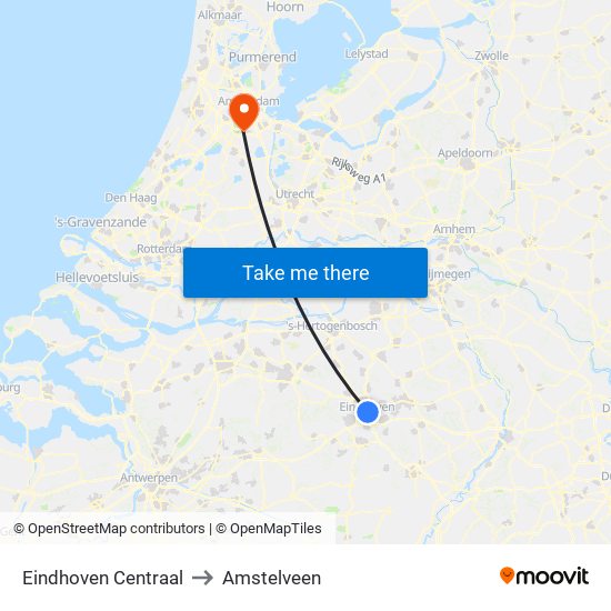 Eindhoven Centraal to Amstelveen map