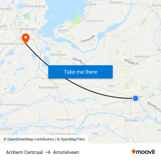 Arnhem Centraal to Amstelveen map