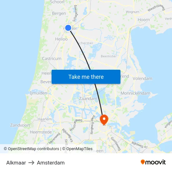 Alkmaar to Amsterdam map