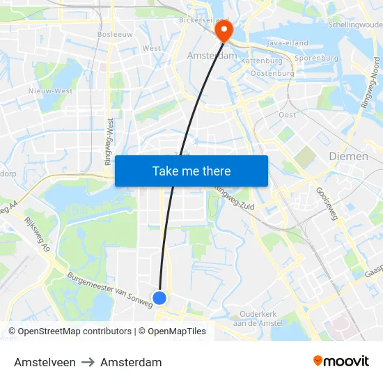 Amstelveen to Amsterdam map