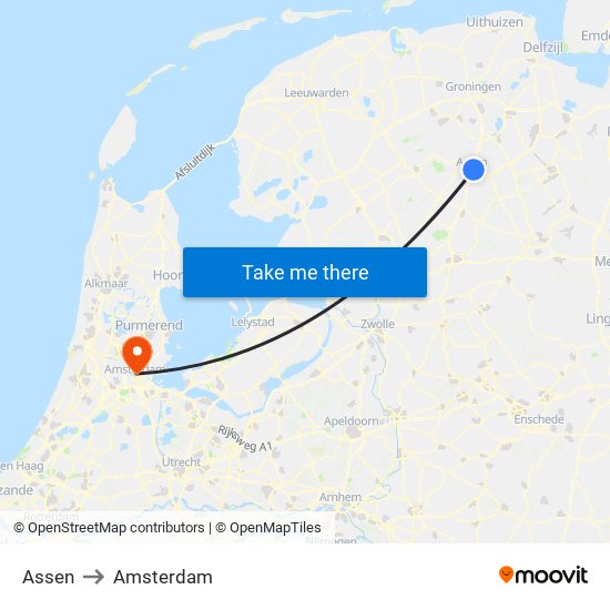 Assen to Amsterdam map