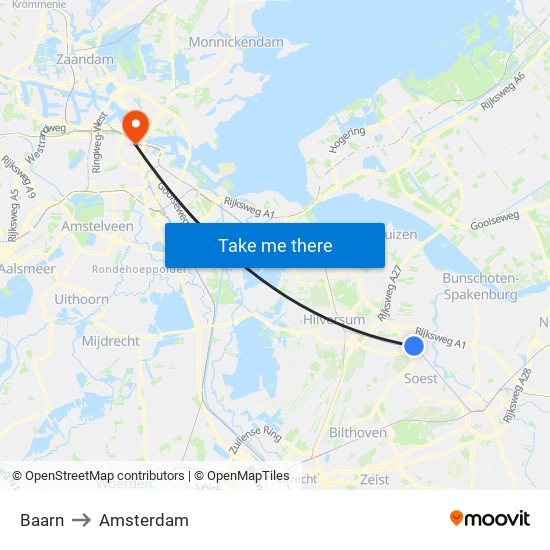 Baarn to Amsterdam map