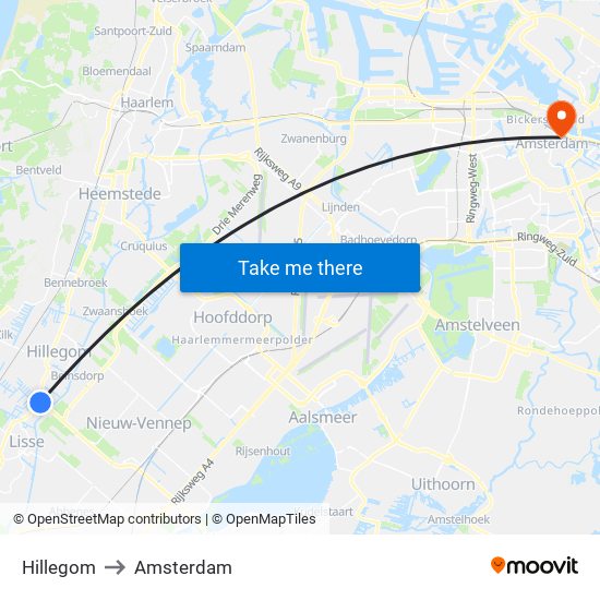 Hillegom to Amsterdam map