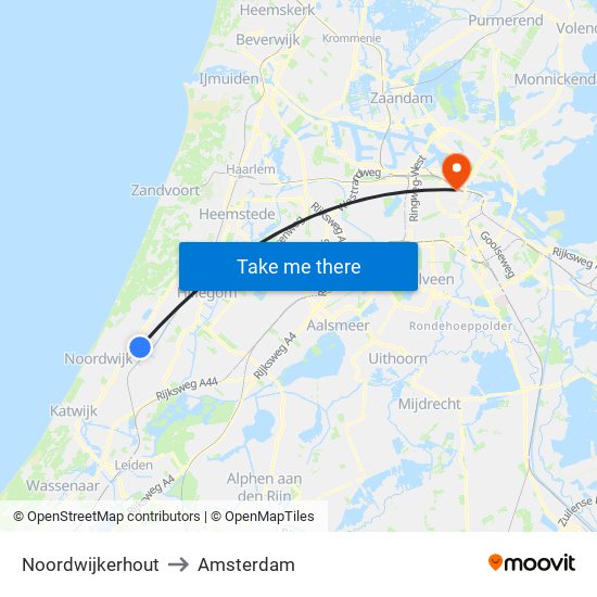 Noordwijkerhout to Amsterdam map