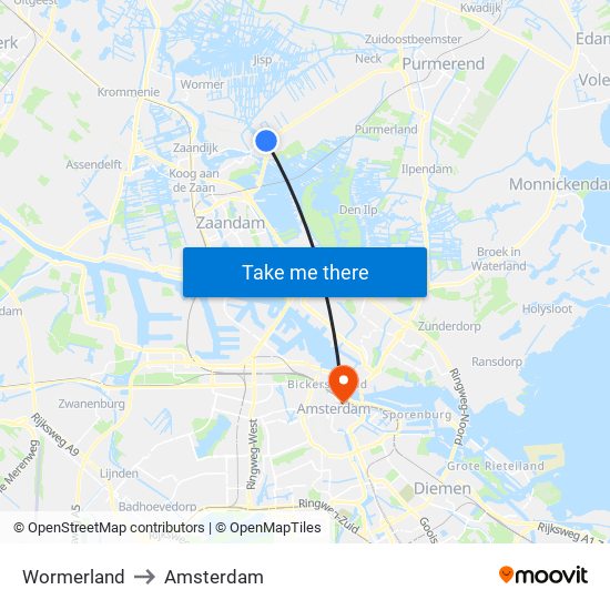 Wormerland to Amsterdam map