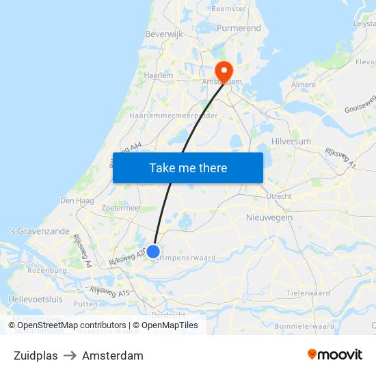 Zuidplas to Amsterdam map