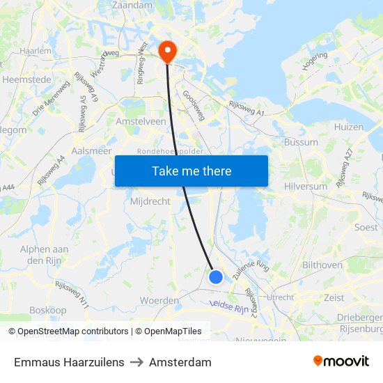 Emmaus Haarzuilens to Amsterdam map