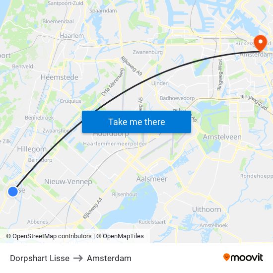 Dorpshart Lisse to Amsterdam map