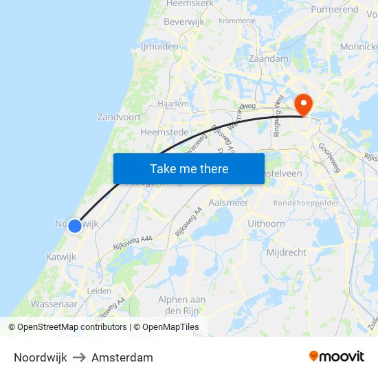 Noordwijk to Amsterdam map