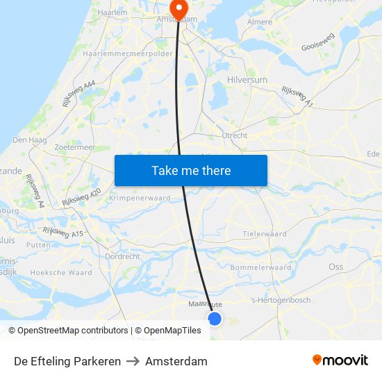 De Efteling Parkeren to Amsterdam map