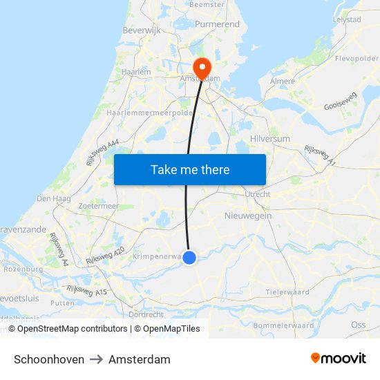 Schoonhoven to Amsterdam map