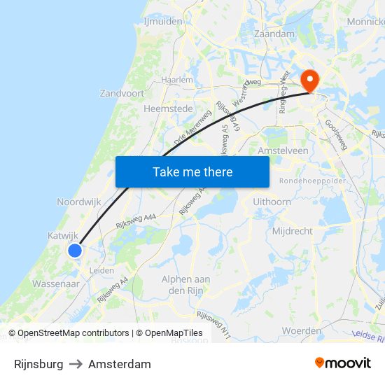 Rijnsburg to Amsterdam map