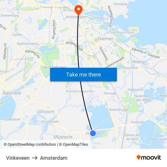 Vinkeveen to Amsterdam map