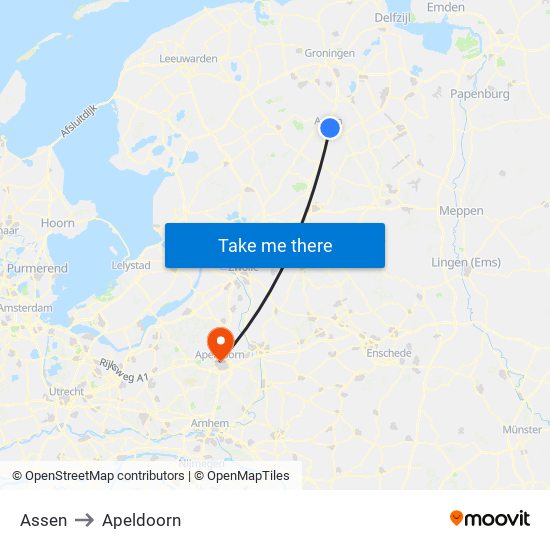 Assen to Apeldoorn map