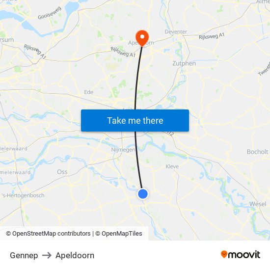 Gennep to Apeldoorn map