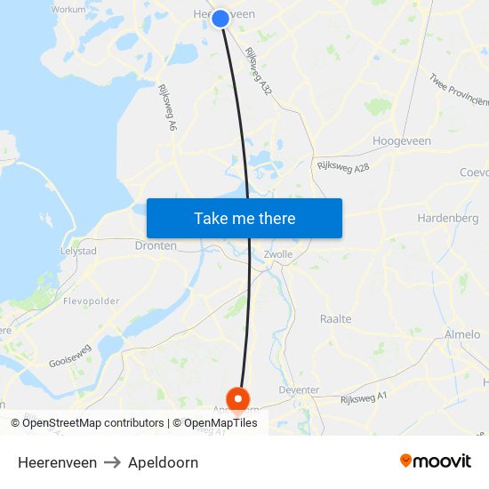 Heerenveen to Apeldoorn map