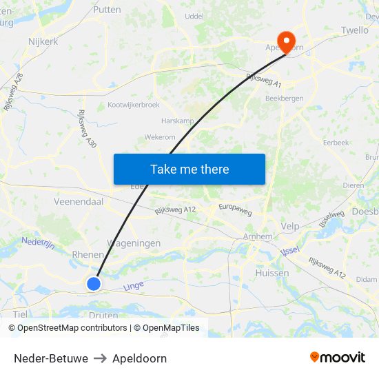 Neder-Betuwe to Apeldoorn map