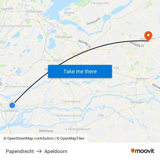 Papendrecht to Apeldoorn map