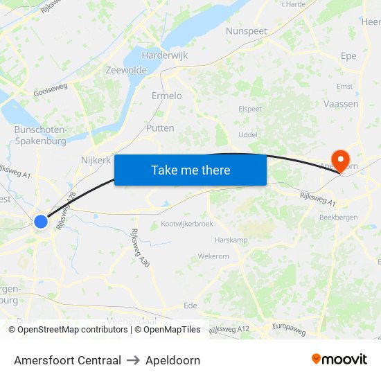 Amersfoort Centraal to Apeldoorn map