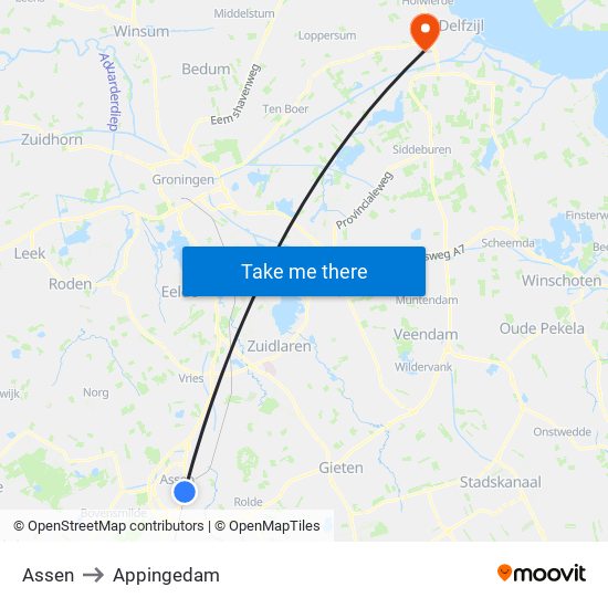 Assen to Appingedam map