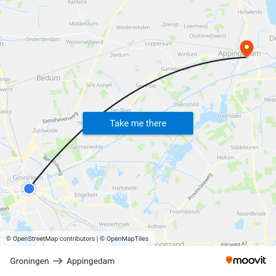 Groningen to Appingedam map
