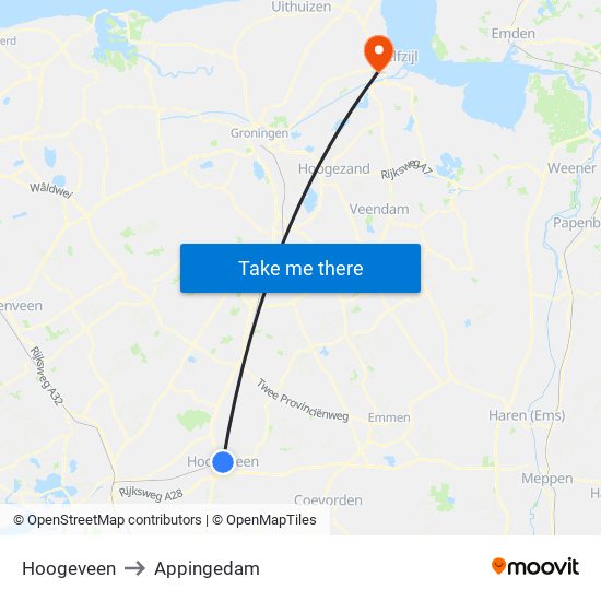 Hoogeveen to Appingedam map