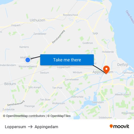 Loppersum to Appingedam map