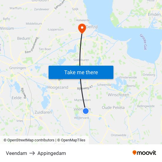 Veendam to Appingedam map