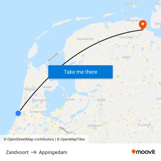 Zandvoort to Appingedam map