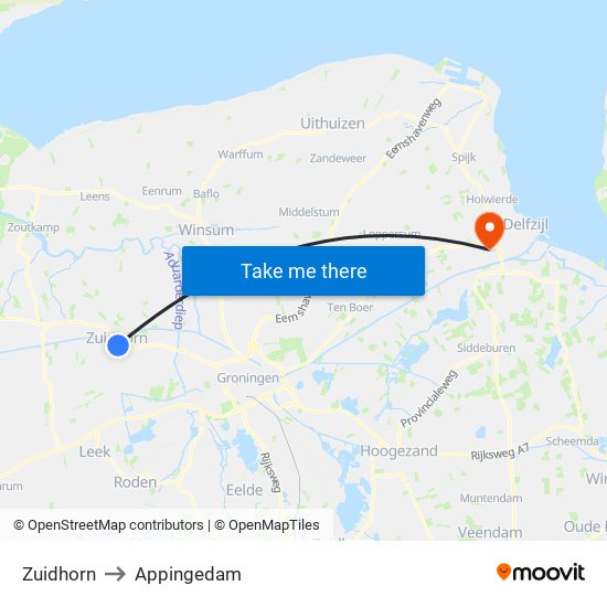 Zuidhorn to Appingedam map