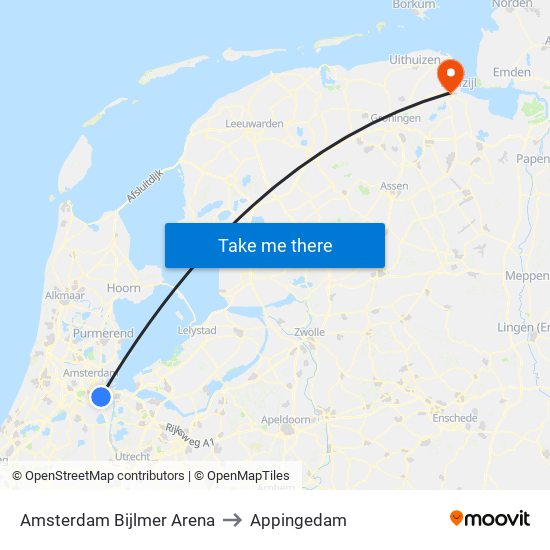 Amsterdam Bijlmer Arena to Appingedam map