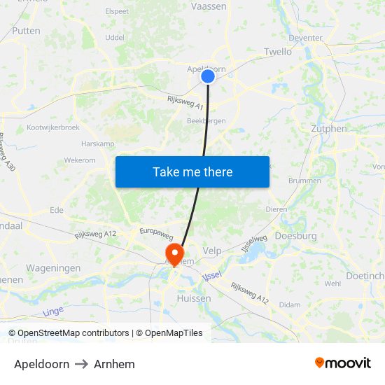 Apeldoorn to Arnhem map