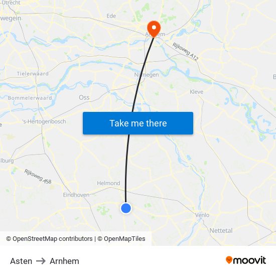 Asten to Arnhem map