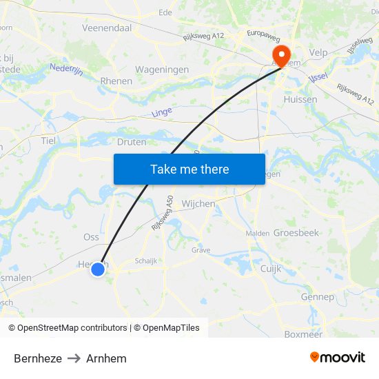 Bernheze to Arnhem map