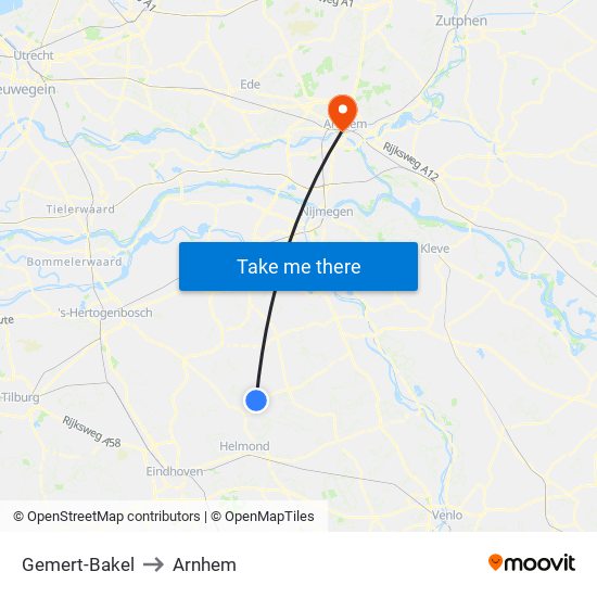 Gemert-Bakel to Arnhem map