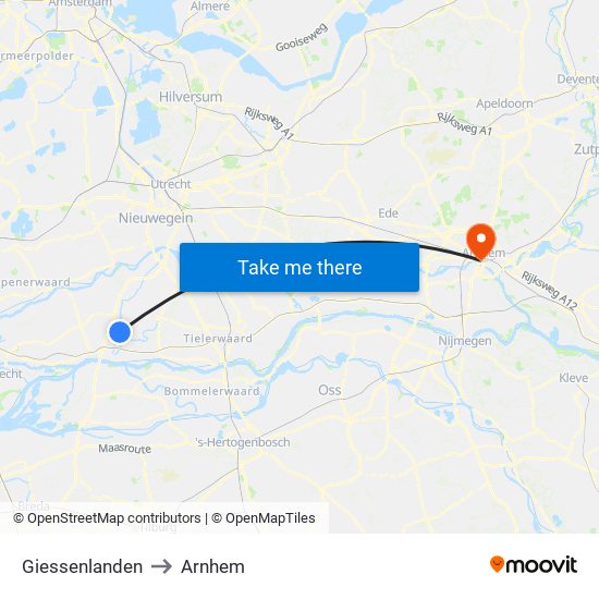 Giessenlanden to Arnhem map