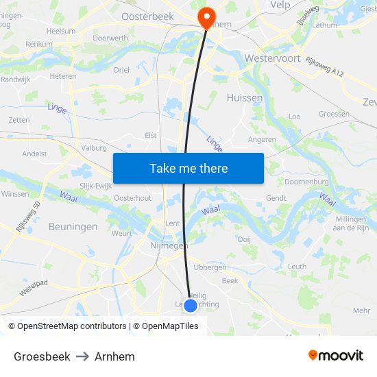 Groesbeek to Arnhem map