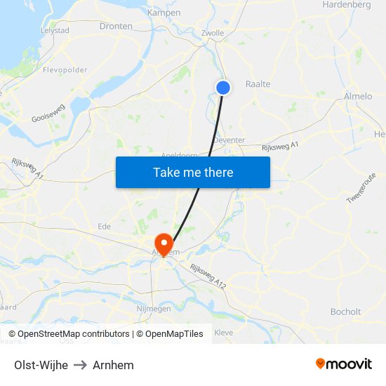 Olst-Wijhe to Arnhem map