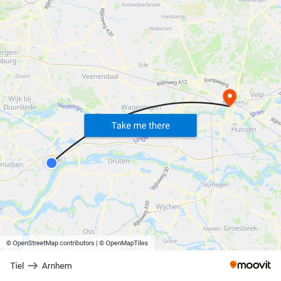 Tiel to Arnhem map
