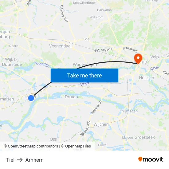Tiel to Arnhem map