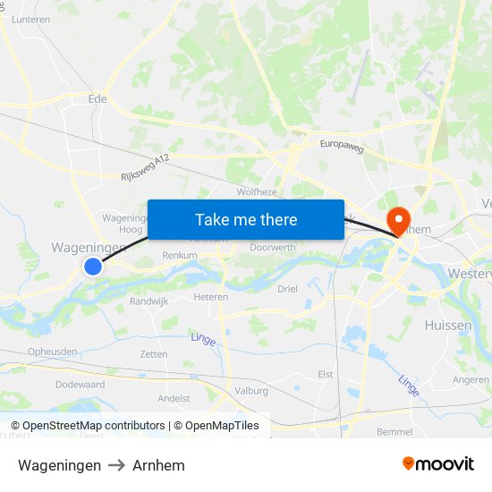 Wageningen to Arnhem map