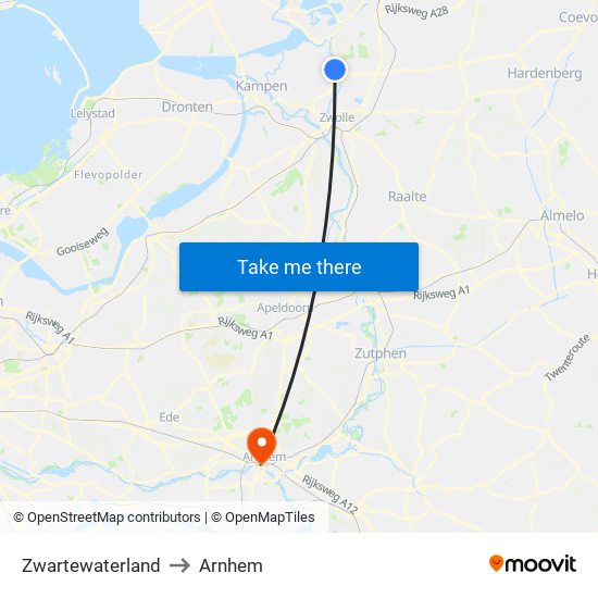 Zwartewaterland to Arnhem map