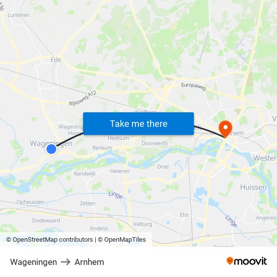 Wageningen to Arnhem map