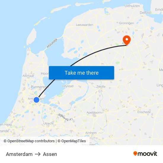 Amsterdam to Assen map