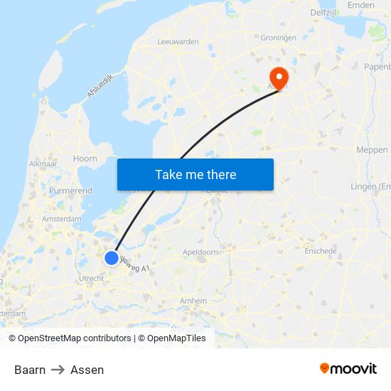 Baarn to Assen map