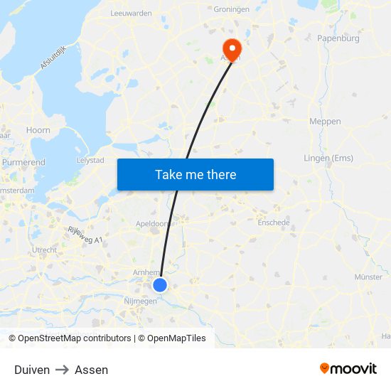 Duiven to Assen map