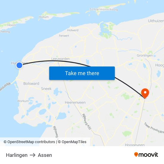 Harlingen to Assen map
