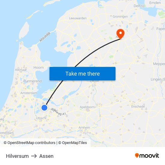Hilversum to Assen map