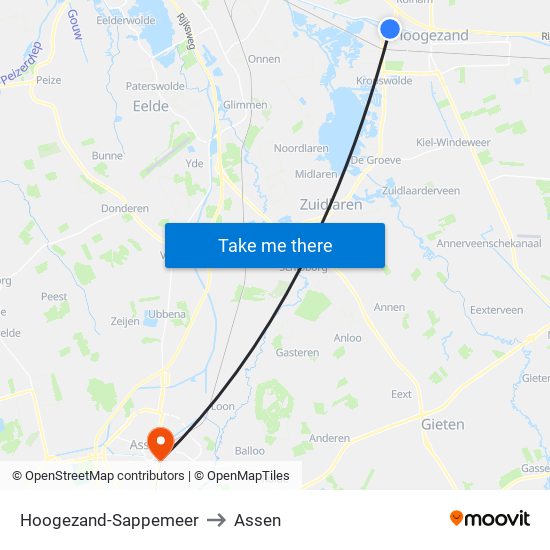 Hoogezand-Sappemeer to Assen map