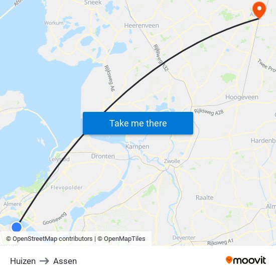 Huizen to Assen map